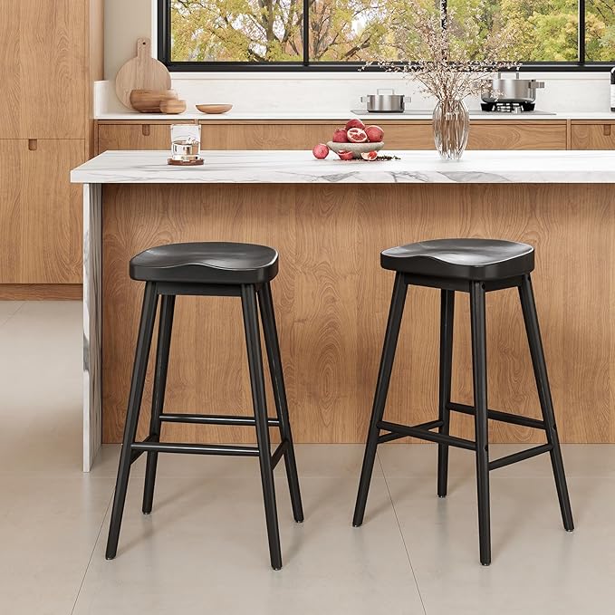 30.3'' Solid Wood Bar Stools, Set of 2, Backless Seat Counter Stools with Footrests, Rustic Bar Chairs for Kitchen Island Dining Room