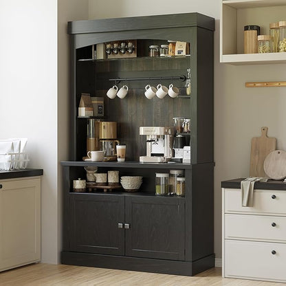 GarveeHome Coffee Bar Cabinet with LED Lights 72 in Tall Buffet Cabinet with Storage Farmhouse Kitchen Sideboard Tall Coffee Hutch with Microwave Stand/Wine Rack/Glass Shelf Dining Room (Black Oak)