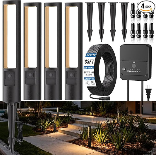 All-in-One Low Voltage Landscape Lighting Kit, 4-Pack Pathway Lights with Transformer Dusk to Dawn Outdoor Lighting 5CCT, IP66 Waterproof Landscape Lights with Connectors for Patio