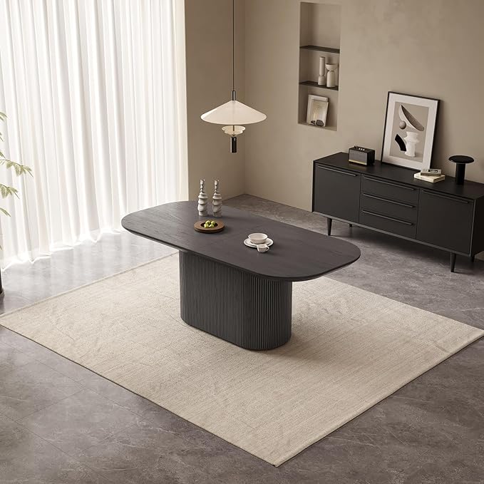 Large Oval Dining Table for 6, 70" Modern Dining Room Table for Kitchen, Living Room 6 Seaters Kitchen Tables with Oval Base, Rectangular Dinner Tables with 1.88" Thick Tabletop, Black