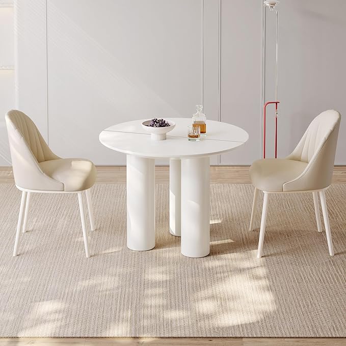 Miuuod 3-Piece Round Dining Room Table Set for 2-4 People,Small Space,Modern Kitchen Table Set with 2 Cushion Chairs,Center Coffee Table for Balcony,White