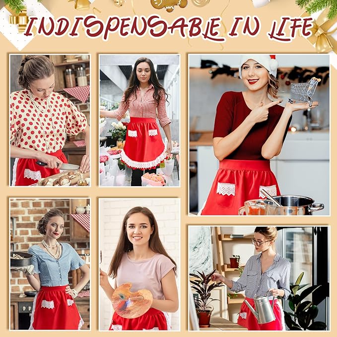 Geyoga Valentine Red Waist Aprons for Women with Pockets Kitchen Waitress Maid Apron Vintage Skirt Cute Ruffle Dress Costume