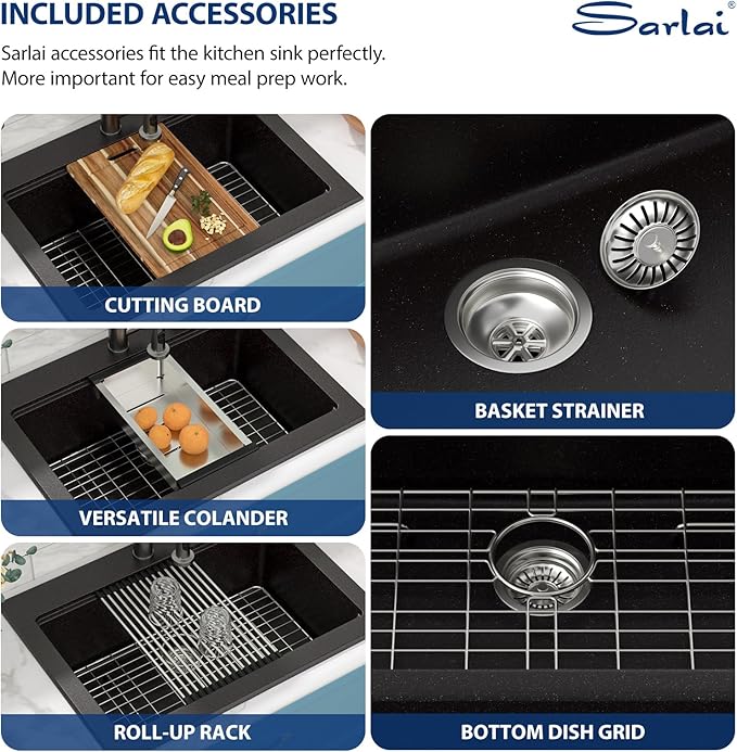 Sarlai Granite Composite Kitchen Sink - 30"x22" Drop In Kitchen Sink Matte Black Ledge 30 Inch Workstation Granite Quartz Composite Top-Mount Single Bowl Sinks Basin with Accessories