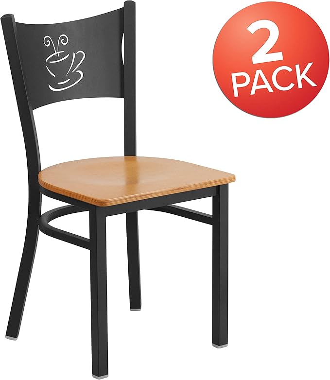 Flash Furniture 2 Pk. HERCULES Series Black Coffee Back Metal Restaurant Chair - Natural Wood Seat