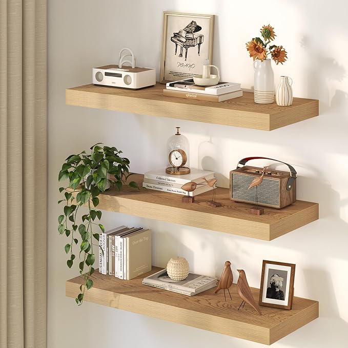 Fun Memories 12 Inch Deep Oak Floating Shelf, 24 x 12 Rustic Wood Wall Shelf for Books, 2" Thick Deep Floating Shelf for Storage & Display in Kitchen, Living Room, Bedroom, 2 Packs