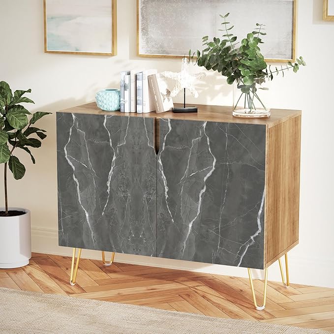 SIGNWIN Sideboard Buffet Cabinet, Kitchen Storage Cabinet with 2 Doors, Dark Gray Stonewash Marble Pattern, Cupboard Console Table for Dining Room - 35" L x 18" W x 29" H