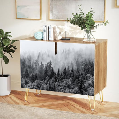 SIGNWIN Sideboard Buffet Cabinet, Kitchen Storage Cabinet with 2 Doors, Duotone Misty Foggy Mountain Forestra, Cupboard Console Table for Dining Room - 35" L x 18" W x 29" H