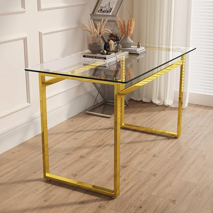 Goujxcy Glass Dining Table Modern 51'' Rectangle Kitchen Table for 4 with Tempered Glass Tabletop and Metal Legs for Kitchen, Dining Room, Restaurants (Gold)