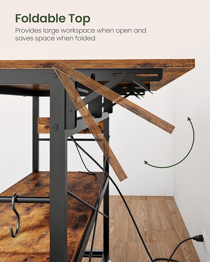 CHOEZON Kitchen Island with Power Outlet and Folding Top, Movable with 3-Tier Storage, Large Size, Wooden Shelves and Wine Rack, for Kitchen, Dining and Living Room, Rustic Brown and Black TZD02UBF