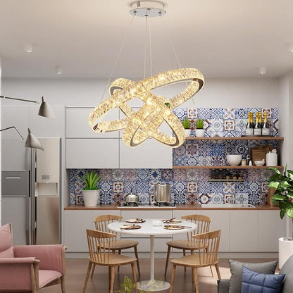 3 Rings Crystal Chandeliers 32"+24"+16" Crystal Ceiling Light Fixture Pendant Lighting Hanging Lamp for Living Room LED Dimmable 3000-6000K
