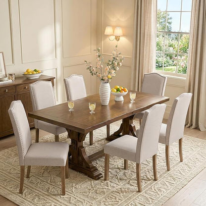 Upholstered Dining Chair Modern Stylish Parsons Kitchen Diner High Back with Silver Nailhead Trim & Wood Legs, Set of 2
