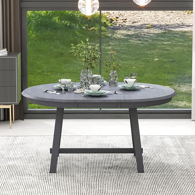 57" Extendable Island Table, Rustic Dining Table with Solid Wood Legs, Mid Century Dining Tables with MDF Top for Family Gatherings, Gray