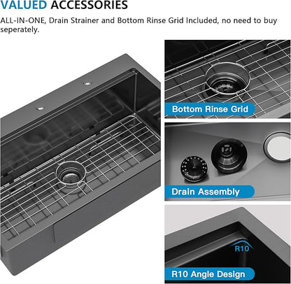 33"x19" Black Drop-In Kitchen Sink – Gunmetal Black NANO-PVD, 16-Gauge 304 Stainless Steel, Single Bowl Ledge Workstation Top Mount Kitchen Sink Basin with Accessories