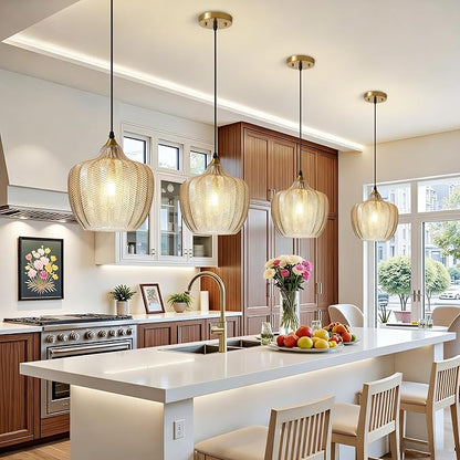 Modern Gold Pendant Light 2 Pack, Amber Glass Kitchen Island Pendant Light Fixture Adjustable Vintage Hanging Ceiling Light for Dining Room Corridor Bedroom 9.45 inch, UL Certification