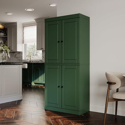 Palace Imports Solid Wood Kitchen Pantry Cabinet - 71.5" H x 32" W, Tall Storage Cupboard - Green, Adjustable Shelves & 2-Drawer Kit for Living Space, 100% Renewable Eco-Friendly Wood, Made in Brazil