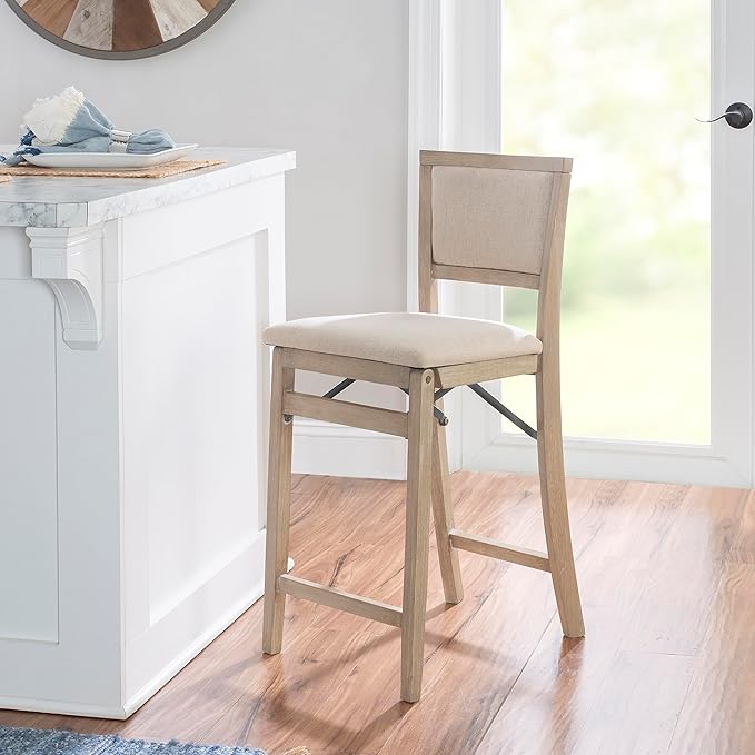 Linon Keira Natural Rustic Wooden Folding 25 Inch Seat Height Counter Stool with Beige Upholstered Seat and Back
