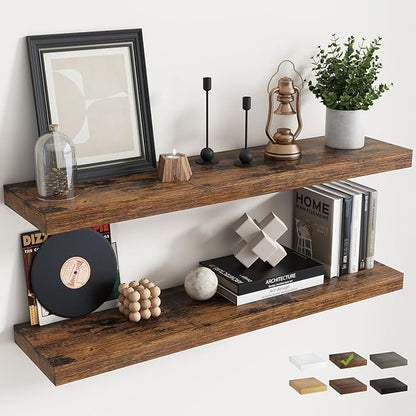 40 Inch Floating Shelves for Wall Set of 2, 8"D Wood Grain Bathroom Shelves with Invisible Brackets, Easy Install Engineered Wood Storage Shelves for Kitchen, Living Room, Bedroom, Rustic Brown Finish