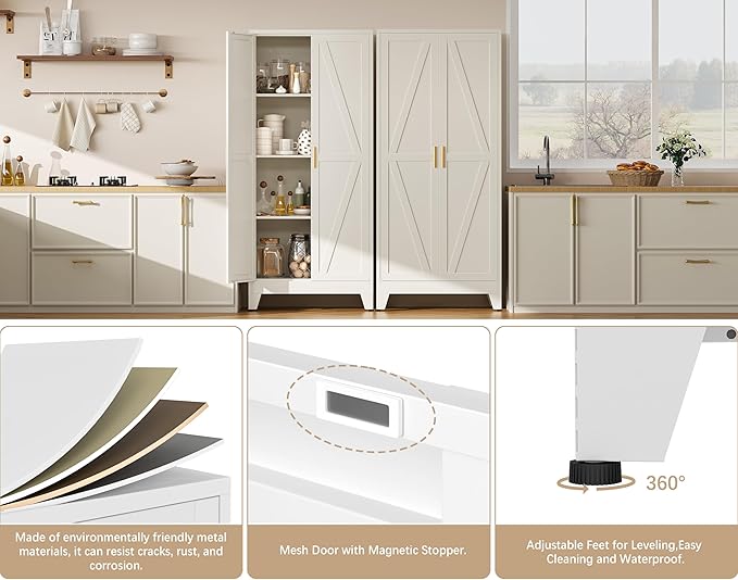 61" H White Storage Cabinet,Metal Pantry Cabinets with Doors,Tall Cabinet,Kitchen Pantry Storage Cabinets