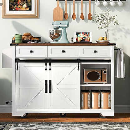Bellemave 53.7" Farmhouse Kitchen Island cart with Charging Station, Rolling Kitchen Island Table with Drop-Leaf, 3 Drawers, Barn Doors, Large, White