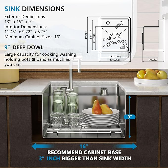 13"x15" Undermount RV Kitchen Sink Workstation – 16 Gauge 304 Stainless Steel Under Counter Single Bowl Basin with Foldable Faucet for RV, Camper, Mobile Home, Wet Bar, Outdoor Kitchen