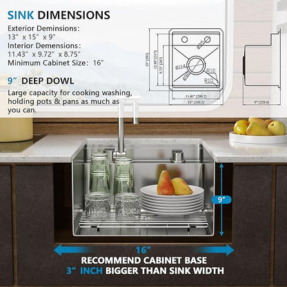 13"x15" Undermount RV Kitchen Sink Workstation – 16 Gauge 304 Stainless Steel Under Counter Single Bowl Basin with Foldable Faucet for RV, Camper, Mobile Home, Wet Bar, Outdoor Kitchen