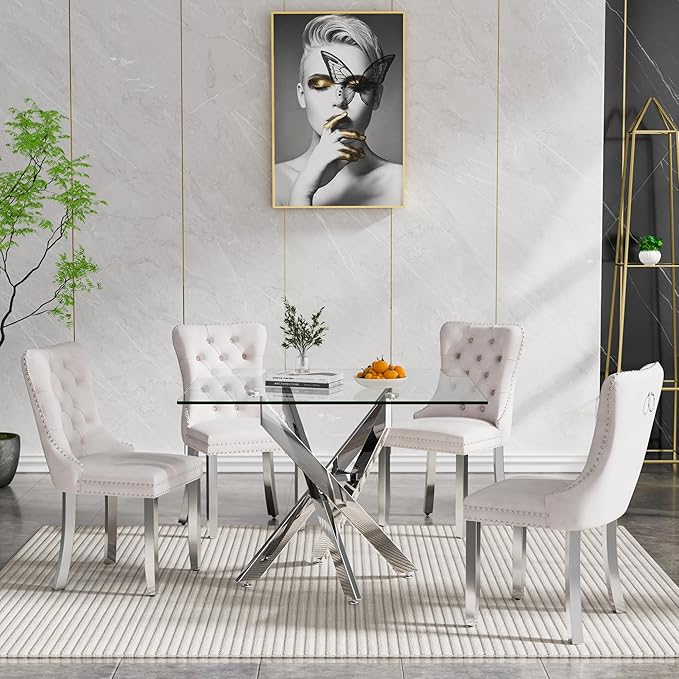 35.43'' Square Glass Dining Table,Modern Kitchen Table for 2-4 People,Dining Room Table with Tempered Glass Top and Metal Legs for Kitchen Apartment
