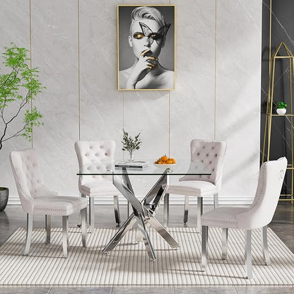 35.43'' Square Glass Dining Table,Modern Kitchen Table for 2-4 People,Dining Room Table with Tempered Glass Top and Metal Legs for Kitchen Apartment