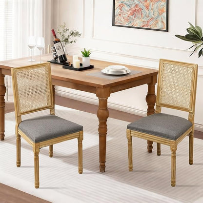 SoarFlash French Dining Chairs Set of 2, Vintage Dining Chairs with Rattan Backrest, Wooden Framehouse Chairs for Living Room, Kitchen, Restaurant, Grey
