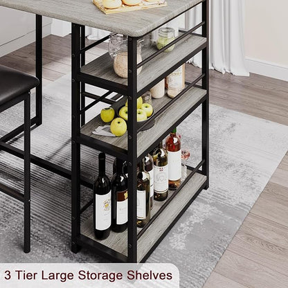 Dining Table Set for 2, 3-Piece Bar Table Set with 2 Stools, Space-Saving Counter Height Dining Set with 3-Tier Storage Shelves for Small Kitchens, Apartments, Breakfast Nooks