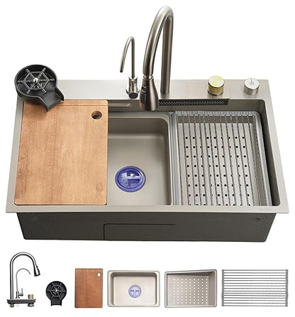 SereneLife Stainless Steel Kitchen Sink | Undermount & Drop-In Installation |13 Gauge & 30"L x 18"W x 9"H IN | Includes Faucet, Drain Rack, Strainer Basket, Cutting Board & Cup Washer | Gray