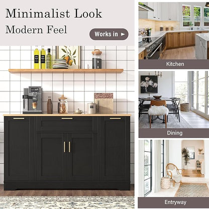 Modern Kitchen Island with Extendable Dining Table, Multi-Functional Storage Sideboard with Adjustable Shelves and 3-Tier Pull-Out Rack, Islands Cart for Kitchen, Dining Room, Living Room (Black)