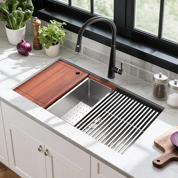 33-inch Black Undermount Kitchen Sink Workstation, SINKVINE 33x19 Large Outdoor Prep Sink, PVD Nano Stainless Steel Single Bowl w/Wood Cutting Board, SST Colander, and Roll-up Dish Drying, Dark Gray