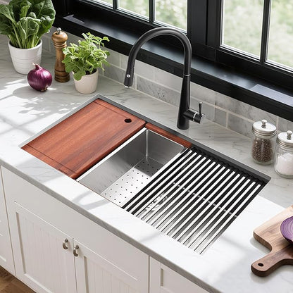 33-inch Black Undermount Kitchen Sink Workstation, SINKVINE 33x19 Large Outdoor Prep Sink, PVD Nano Stainless Steel Single Bowl w/Wood Cutting Board, SST Colander, and Roll-up Dish Drying, Dark Gray