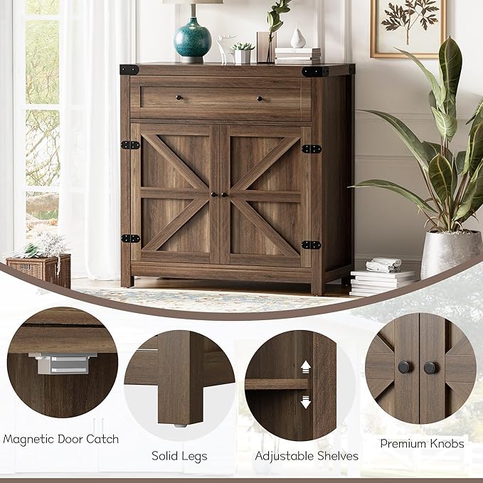 Flamaker Coffee Bar Cabinet with Storage,Sideboard Buffet Cabinet with 1 Drawer and 2 Barn Doors,Kitchen Storage Cabinet for Kitchen, Living Room, Entryway (Brown)