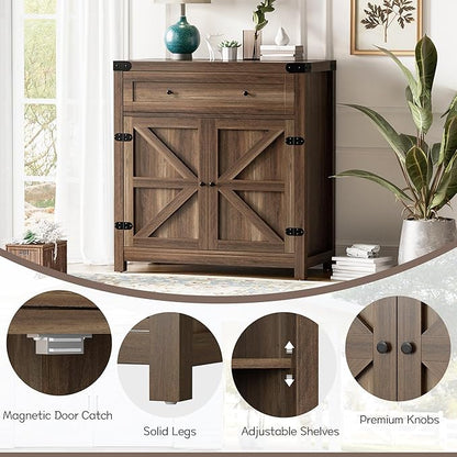 Flamaker Coffee Bar Cabinet with Storage,Sideboard Buffet Cabinet with 1 Drawer and 2 Barn Doors,Kitchen Storage Cabinet for Kitchen, Living Room, Entryway (Brown)