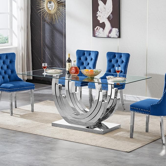 Luxury Silver Glass Dining Table for 6-8 Modern 70" Rectangular Kitchen & Dining Room Table with Stainless Steel Base Large Clear Glass Top Dining Table for Home Office