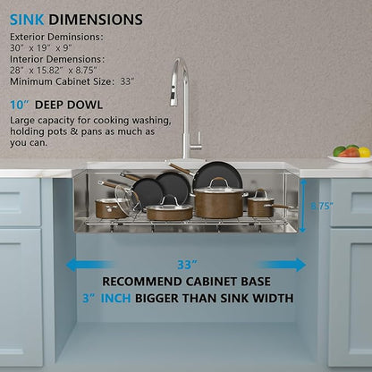 30"x19" Undermount Kitchen Sink – 16 Gauge 304 Stainless Steel Ledge Workstation Under Counter Round Corners Single Bowl Sink Basin