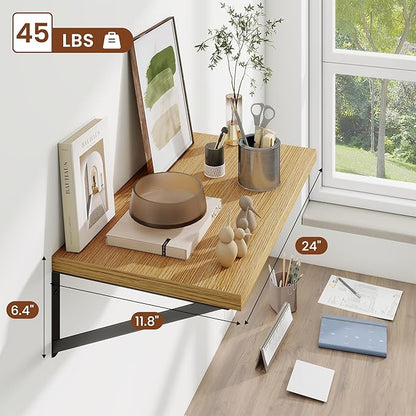 Deep Wall Shelves 24"W x 12"D Engineered Wood Floating Shelves for Wall, Sturdy Metal Bracket Bookshelves Home Decor Storage for Living Room Bedroom Bathroom Kitchen, Set of 2, Oak Finish