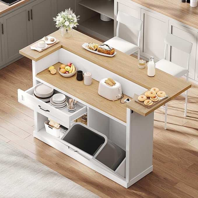 Kitchen Island with Seating, Rolling Kitchen Islands with Storage, 55" W Large Island Table, Breakfast Bar Counter with Drop Leaf, Trash Can Cabinet, Power Outlet for Dining Room, White
