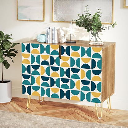 SIGNWIN Sideboard Buffet Cabinet, Kitchen Storage Cabinet with 2 Doors, Yellow & Blue Retro Polygon Pattern, Cupboard Console Table for Dining Room - 35" L x 18" W x 29" H