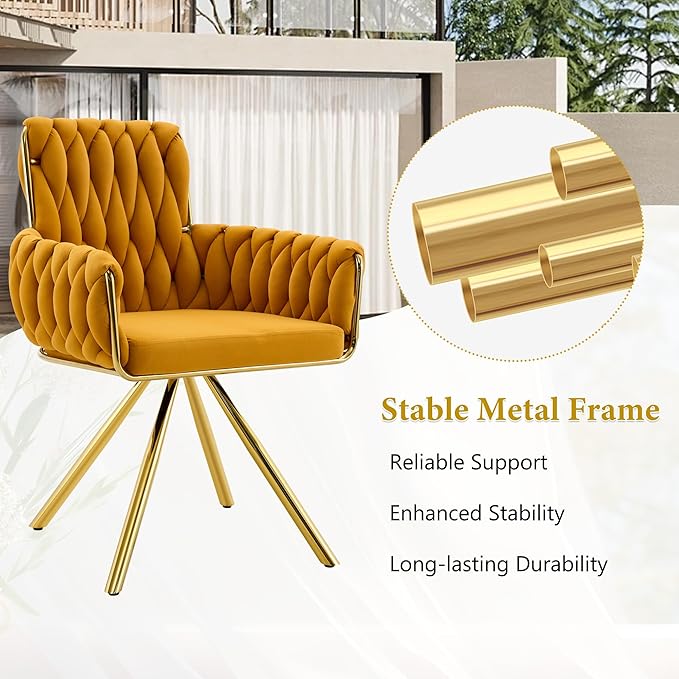 Upholstered Dining Chairs Set of 2, Hand-Woven Back Kitchen Chair, Large Gold Dining Chairs,Velvet Upholstery with Metal Legs, Modern Velvet Chair for Dining Room、Kitchen、Restaurant