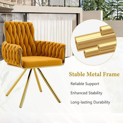 Upholstered Dining Chairs Set of 2, Hand-Woven Back Kitchen Chair, Large Gold Dining Chairs,Velvet Upholstery with Metal Legs, Modern Velvet Chair for Dining Room、Kitchen、Restaurant