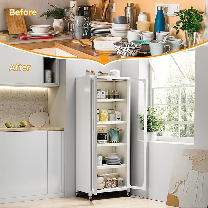 Runboll Kitchen Pantry Storage Cabinet, 6 Tier Metal Sideboard with Wheels and Acrylic Glass Door, Modern Display Curio Cabinet Bookcase White
