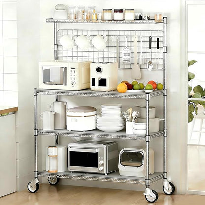 Leteuke Bakers Rack with Storage & Wheels, 42 Inch Microwave Stand Kitchen Shelves, 4-Tier Heavy Duty Storage Rack with 20 S-Hooks, Commercial Metal Utility Kitchen Cart, 42× 18× 63 Inch, Chrome