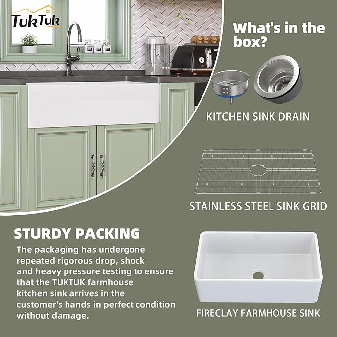 TUKTUK White Farmhouse Sink 36 x 20 Fireclay Apron Front Farm Sink Undermount Single Bowl Deep Big Capacity Extra Wider Reversible Modern with Luxury Accessory Kit