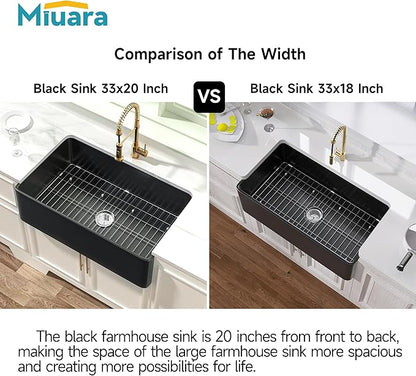 Miuara Black Farmhouse Sink 33 Inch - Large Apron Front Undermount Kitchen Sink 33x20x10, Farm House Style Deep Single Bowl, Heavy Duty Solid Fireclay, Matte Black, for Kitchen