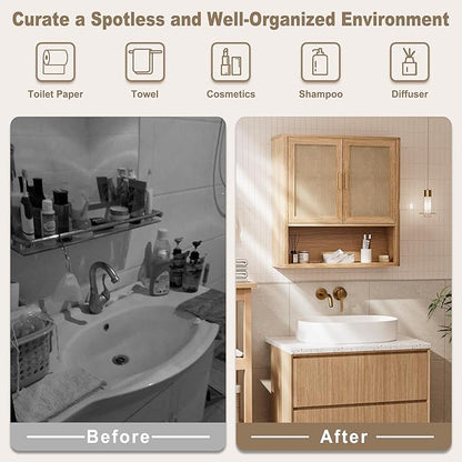 INNOD Rattan Bathroom Wall Cabinet with Open Compartments, Wall-Mounted Medicine Cabinet with Adjustable Wood Shelf & Doors, Over The Toilet Storage Cabinet for Laundry Room & Kitchen & Living Room