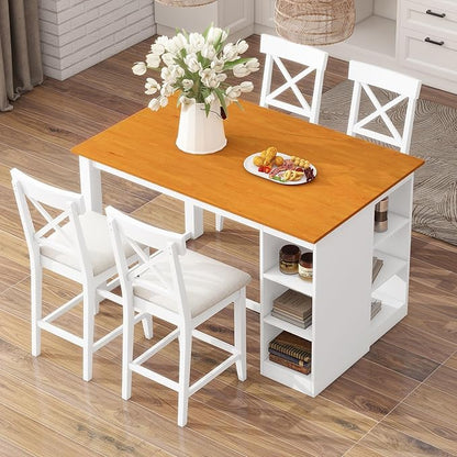 Industrial Farmhouse Dining Set 5 Piece, Counter Height Table with Storage Shelves, 60" Solid Wood Kitchen Island with 4 Comfortable Chairs, Space Saving Bar Height Dining Set for Apartment