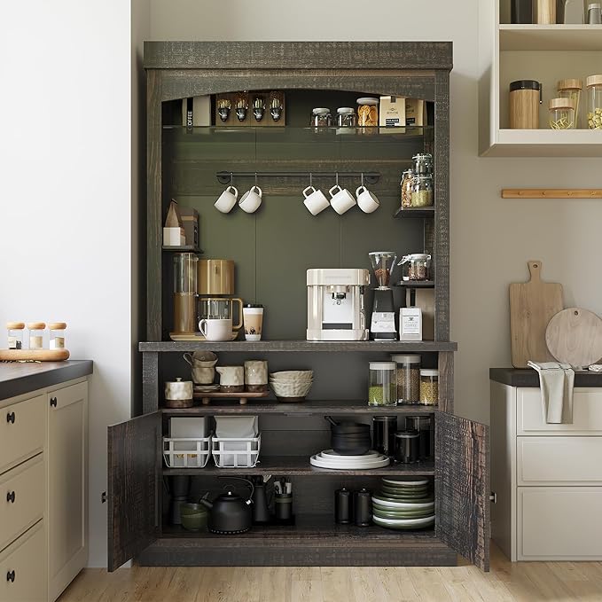 GarveeHome Coffee Bar Cabinet with LED Lights 72 in Tall Buffet Cabinet with Storage Farmhouse Kitchen Sideboard Tall Coffee Hutch with Microwave Stand/Wine Rack/Glass Shelf Dining Room (Oak Black)