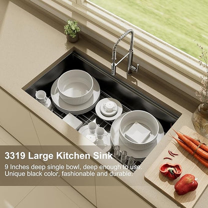 33 Inch Black Stainless Steel Undermount Single Bowl Sinks,33x19x9 Inch Deep Sink, 16 Gauge Workstation Kitchen Sinks, Modern Undermount Kitchen Sink with Ledge and Accessories